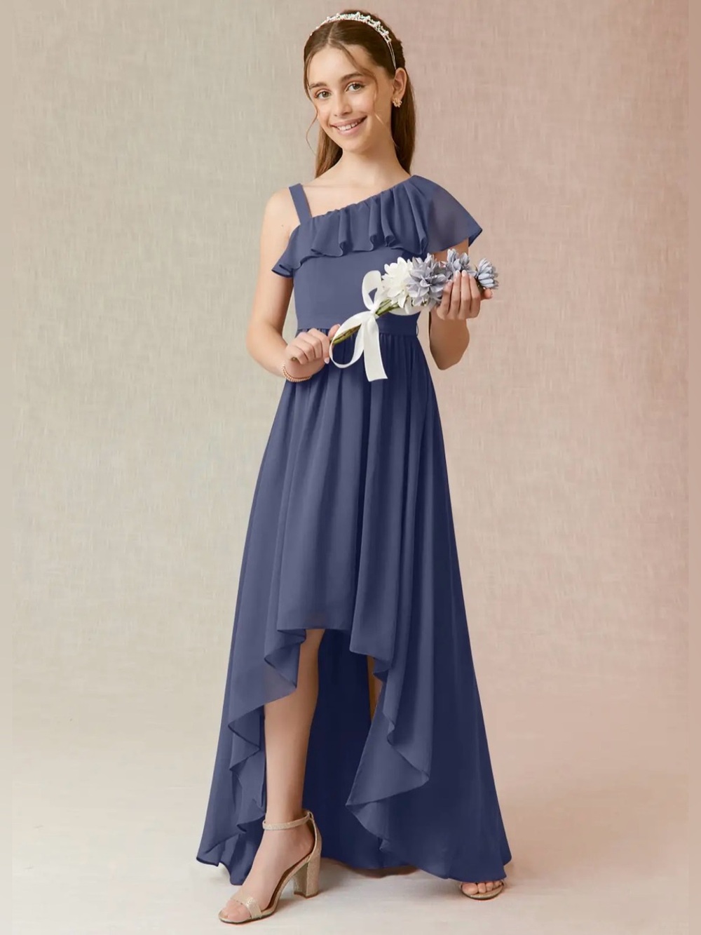 Azazie Navy Blue One-Shoulder High-Low Ruffle Junior Bridesmaid Dress